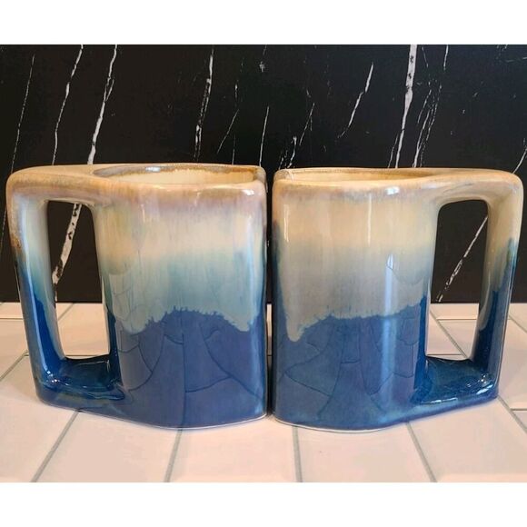 Padilla Set of (2) 4¼" Drip Glazed Blue/Beige Stoneware Mugs Unique Signed EUC - Picture 4 of 15